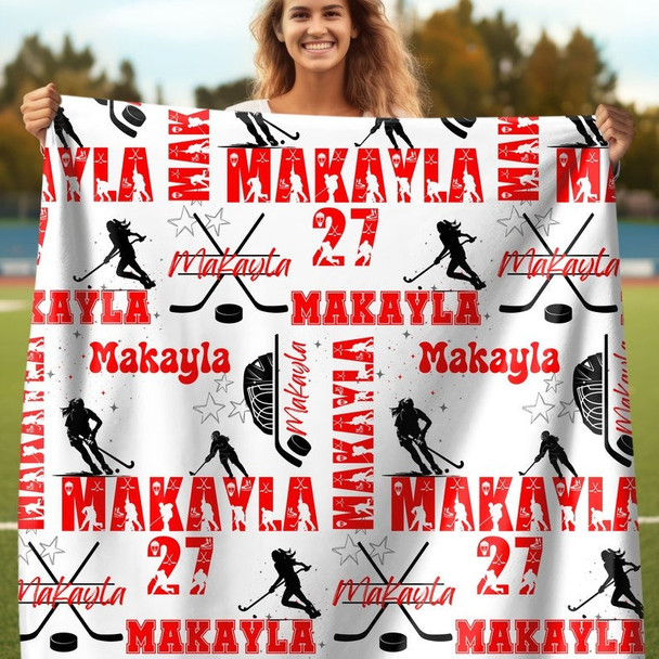 Ice Hockey Girl Personalized Blanket, Custom Name Hockey Throw