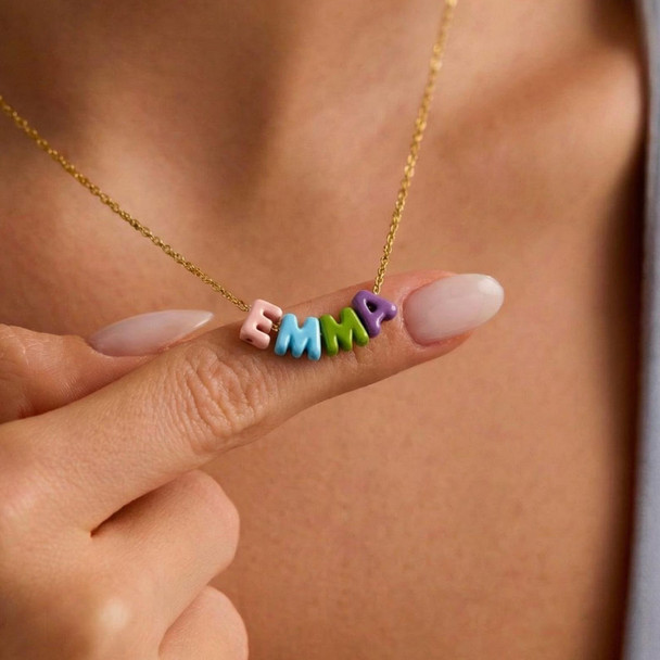 Custom Rainbow Bubble Initial Name Necklace, Colorful Tiny Balloon Name Necklace