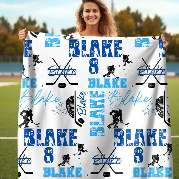 Ice Hockey Boy Personalized Blanket, Custom Name Hockey Throw