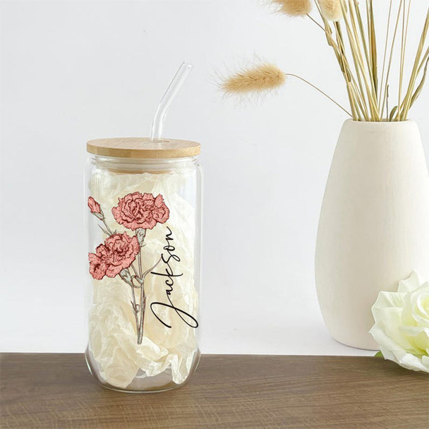 Personalized Birth Flower Tumbler With Name, Birth Flower Glass