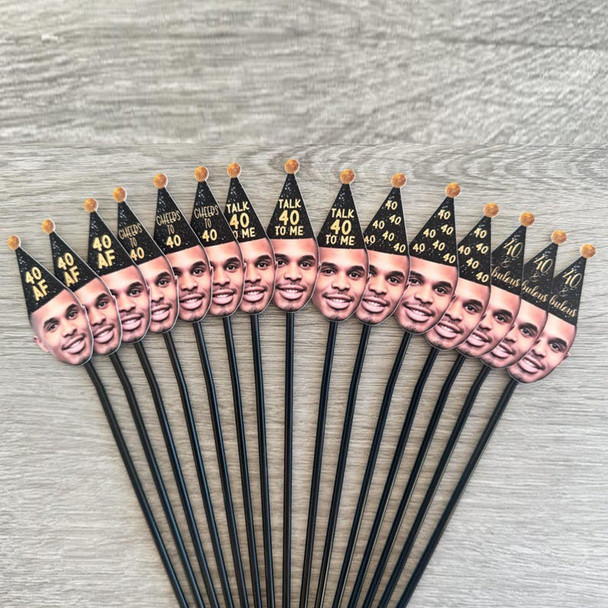 Custom Face Photo Cocktail Drink Stirrers, 40th Birthday Decor