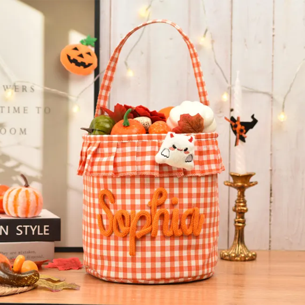 Halloween Basket Ruffle Personalized,Plaid Trick or Treat Bag with Custom Name