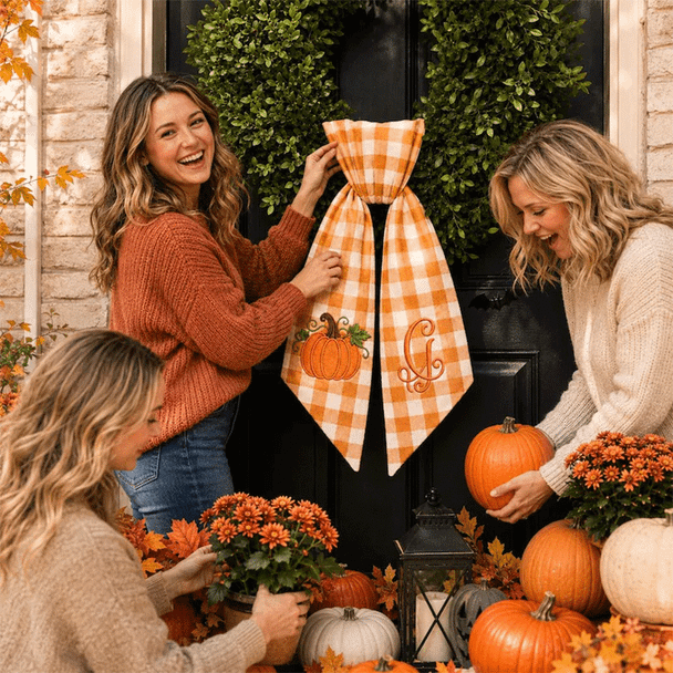 Personalized Pumpkin Wreath Sash - Fall Monogram Gingham Door Bow