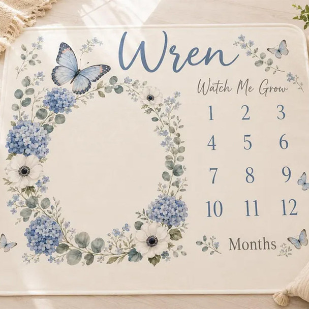 Personalized Blue Floral Milestone Blanket, Custom Baby Girl Milestone Blanket