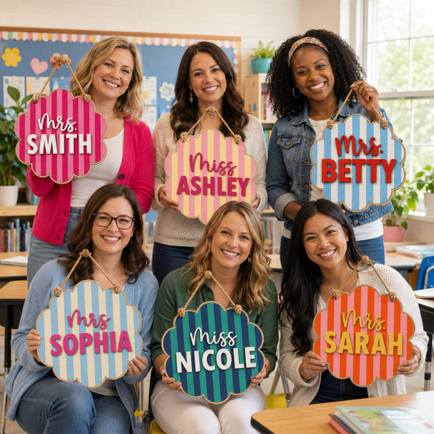 Personalized Teacher Door Sign, Scalloped Striped Wooden Name Plaque