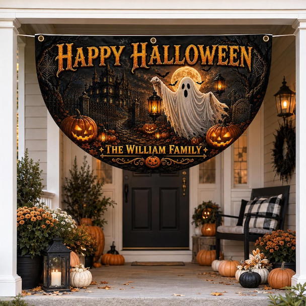 Personalized Happy Halloween Bunting Flag, Custom Family Name Halloween Banner