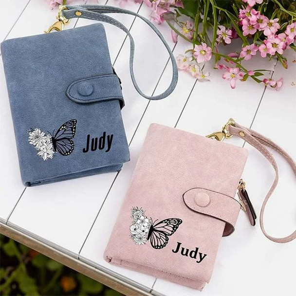 Personalized Tri-Fold Butterfly Leather Wallet with Coin Holder Birthday Gift for Woman