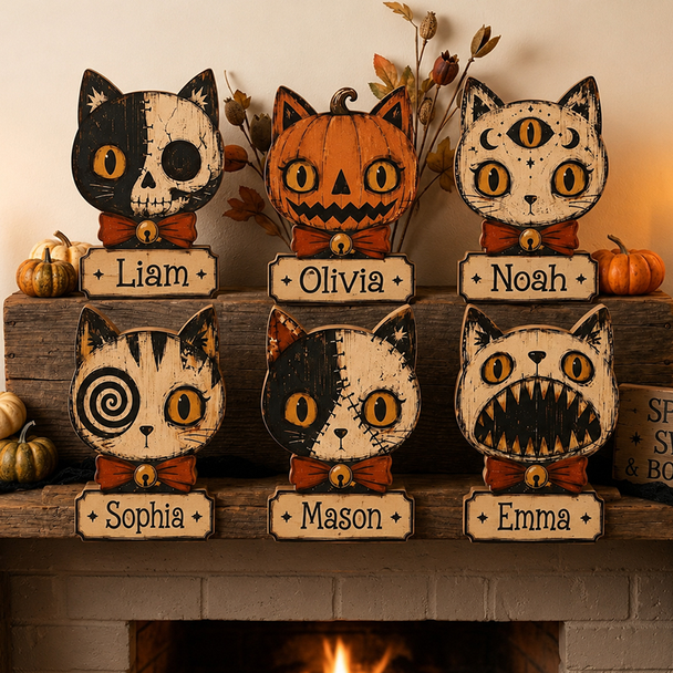 Vintage Halloween Decor Indoor, Halloween Cat Wooden Block for Shelf Decor, Skull, Black Cat