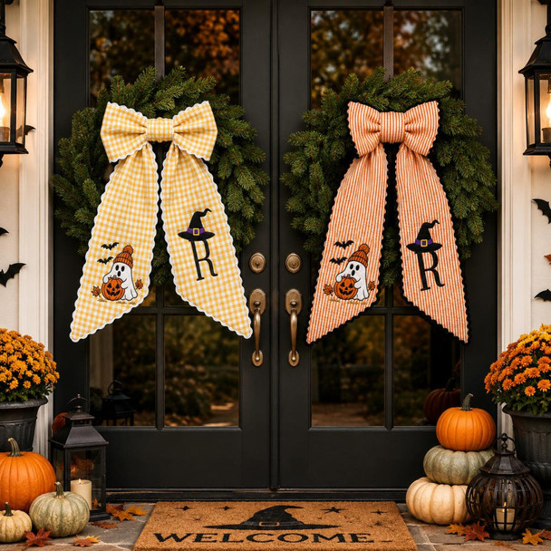 Halloween Bow Sash, Ghost Pumpkin Witch Hat Monogram Door Wreath Bow Wreath Sash