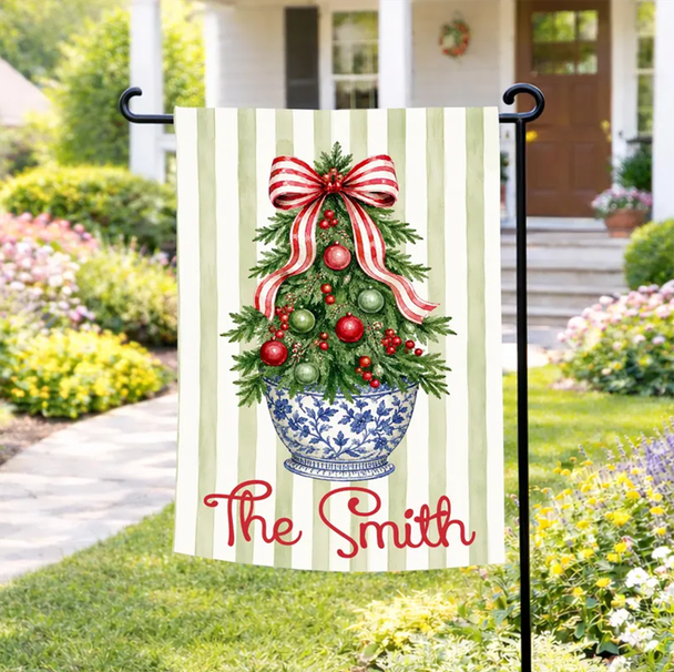 Striped Christmas Tree Flag Personalized Garden Flag Holiday Decor Custom Family Name