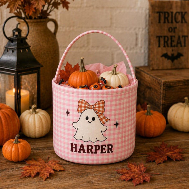 Personalized Halloween Printed Basket, Custom Trick or Treat Bag, Gingham Candy Bucket Kid
