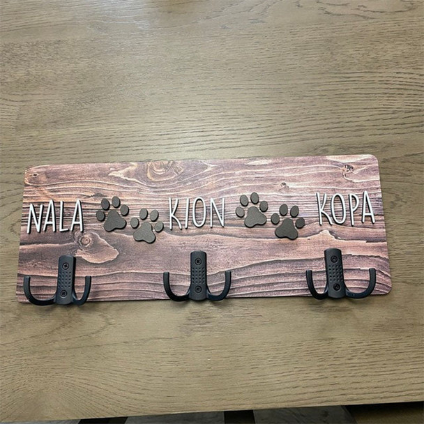 Personalized Dog Wood Leash Holder for 2/ 3 Dogs Raised Paw Name Sign