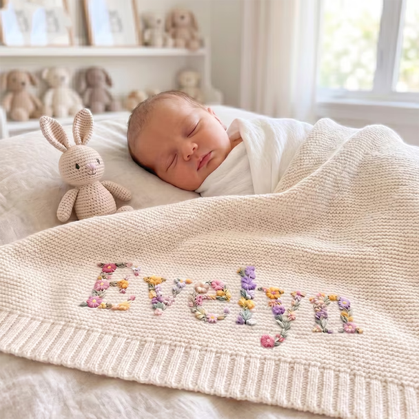 Custom Floral Baby Name Blanket, Newborn Hospital Gift,  Custom Baby Gift