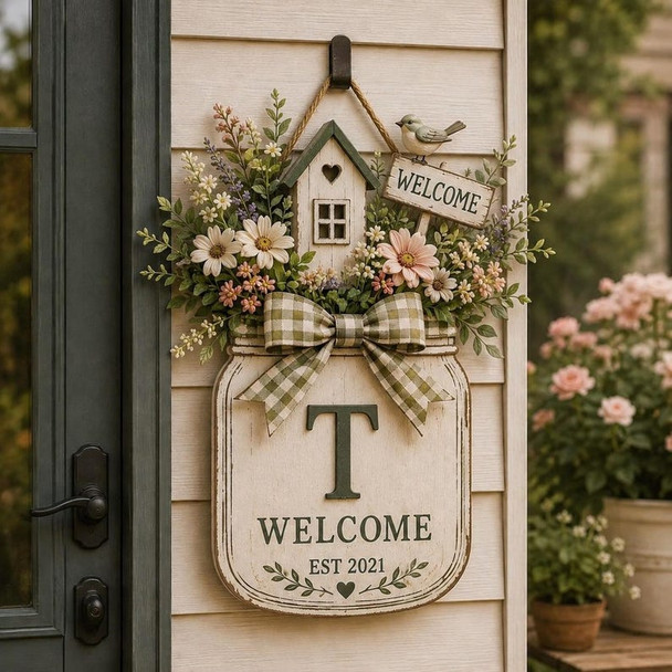 Personalized Welcome Door Hanger, Floral Mason Jar Door Sign, Custom Family Initial Decor