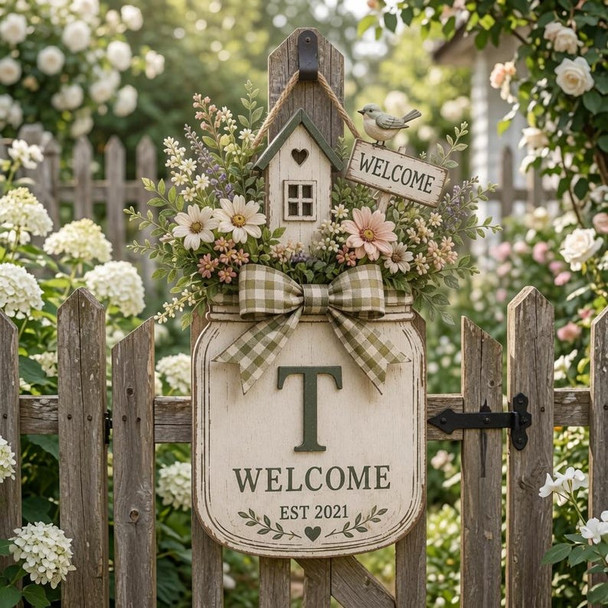 Personalized Welcome Door Hanger, Floral Mason Jar Door Sign, Custom Family Initial Decor