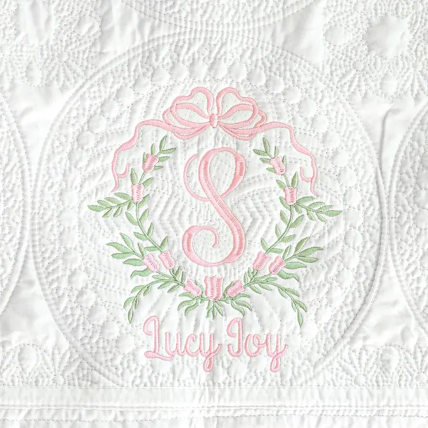 Baby Girl Heirloom Quilt, Personalized Floral Crest Embroidered Blanket