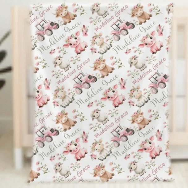 Farm Animals Blanket Baby Girl, Custom Name Blanket Girl, Pink Tractor Minky