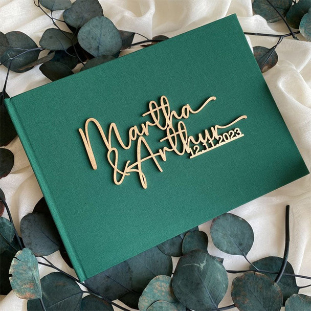 Personalised Linen Cover Wedding Guest Book With Wooden Text