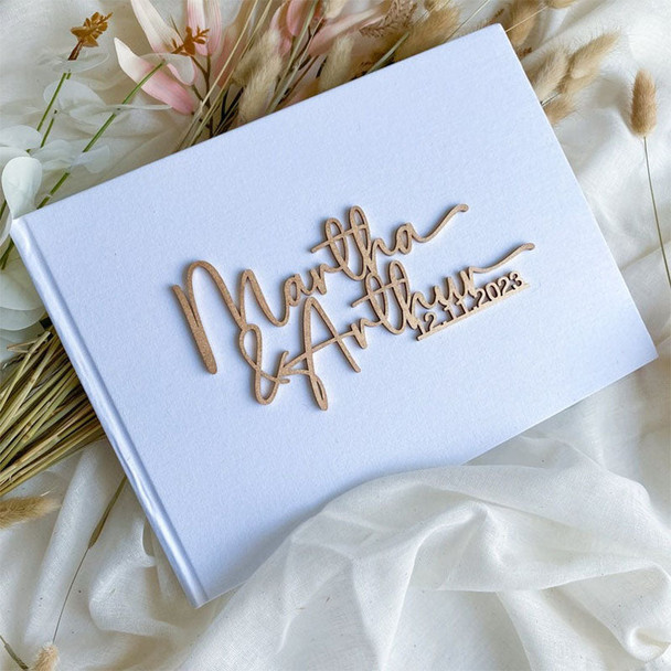 Personalised Linen Cover Wedding Guest Book With Wooden Text