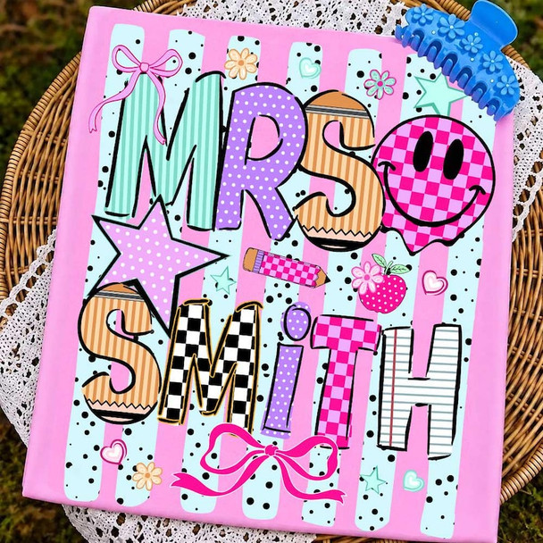 Striped Neon Custom Teacher Name Coquette Bow Shirt