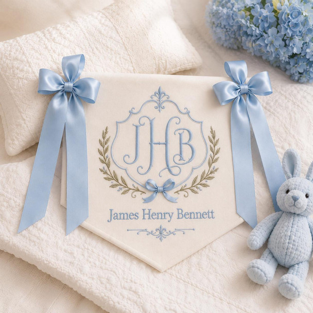 Embroidered Baby Name Banner, Personalized Monogram Nursery Pennant, Satin Ribbon Crib Decor