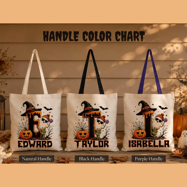 Cute Halloween Ghost bag, Spooky Goodie Bag, Custom Name Halloween Tote Bag