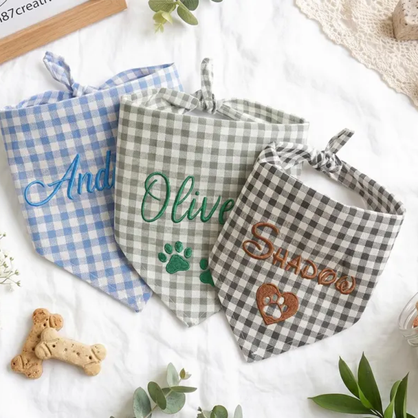 Custom Embroidered Gingham Dog Bandana