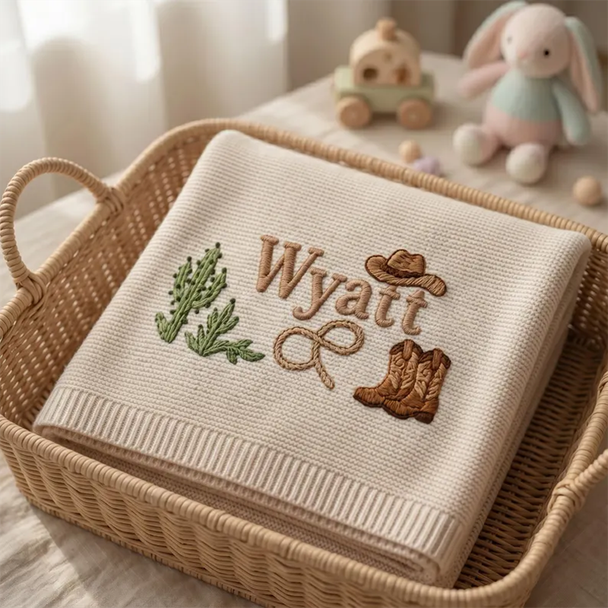 Personalized Cowboy Embroidered Baby Blanket with Name