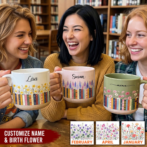 Custom Name & Birthflower Pottery Mug, Personalized Gift for Book Lovers, Book Clubs
