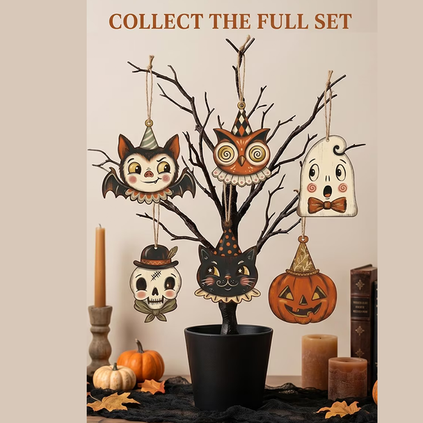 Vintage Halloween Decor Indoor, Retro Wooden Block for Shelf Decor
