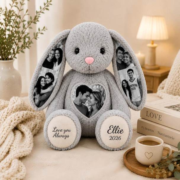 Personalized Plush Bunny with Custom Photo a?? Hidden Ear Stuffed Animal Gift for Couples