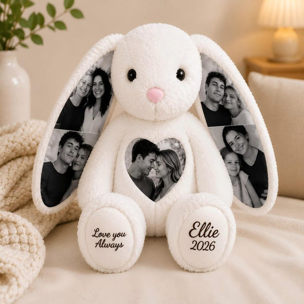 Personalized Plush Bunny with Custom Photo a?? Hidden Ear Stuffed Animal Gift for Couples