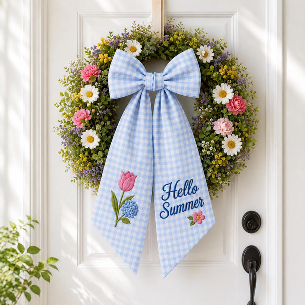 Hello Summer Wreath Sash, Personalized Blue Gingham Door Ribbon