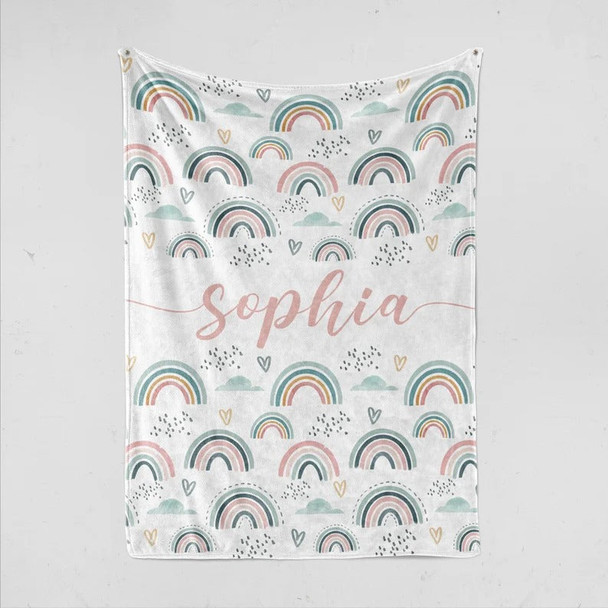 Personalized Baby Blanket For Girls or Boys with Name, Custom Kid Blanket with Boho Rainbows, Hospital Coming Home Blanket