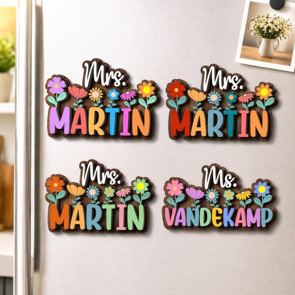 Personalized Teacher Name Magnet: Custom Wildflower Gift