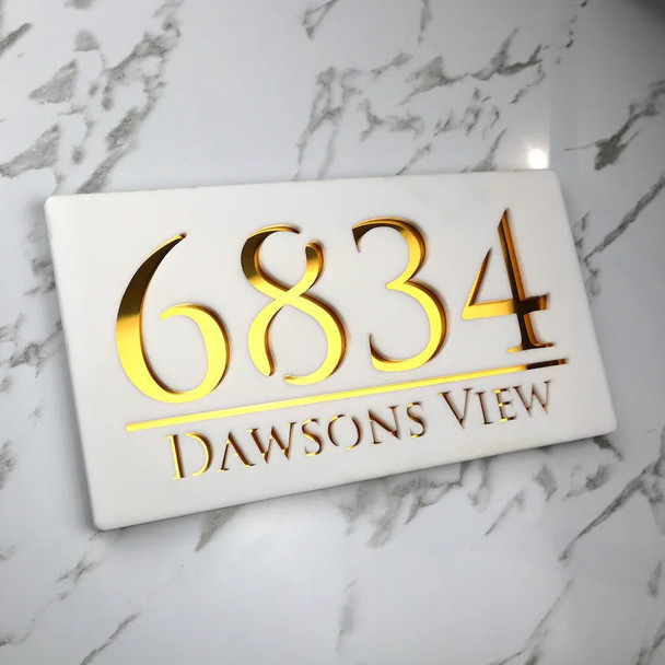 Laser Cut Matt White & Gold Mirror Floating House Number Signs Door Address