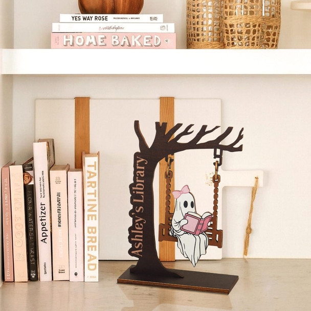 Chilling Ghost On Swing - Cute Ghost Decor, Library Sign, Adopt a Ghost, Reading Decor