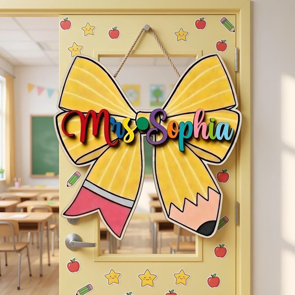 Personalised Teacher Coquette Bow Sign, Teacher Sign, Teacher Name Sign