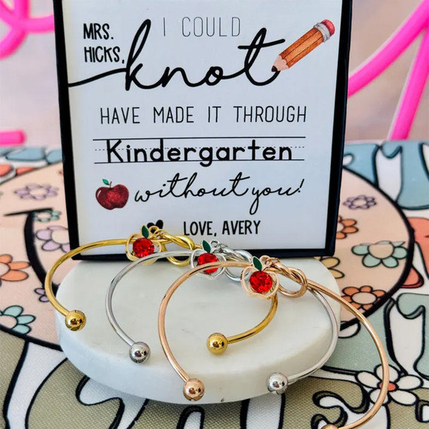 End of Year Teacher Gift Knot Bangle with apple charm, personalized Heart Card!
