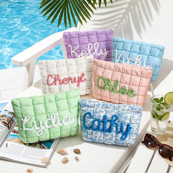 Personalized Quilted Nylon Makeup Bag,Custom Quilted Zipper Pouch
