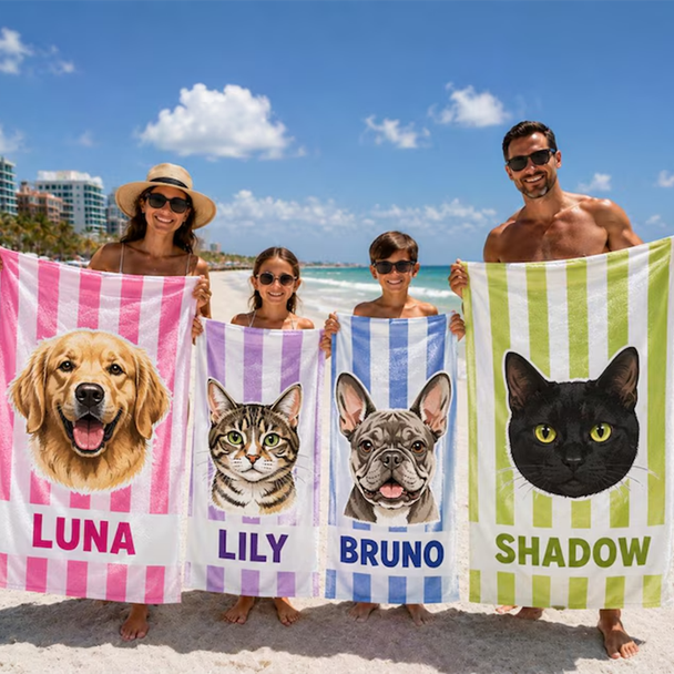 Personalized Pet Photo Beach Towel, Custom Dog Portrait Towel, Pet Memorial Gift