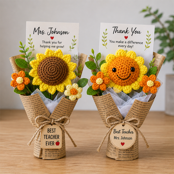 Crochet Flower Bouquet Handmade, Knitted Flower Gift, Personalization Thank You Teacher Gift