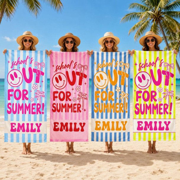 School Out For Summer Beach Towel, Custom Name Towel, End of Year Teacher Gifts