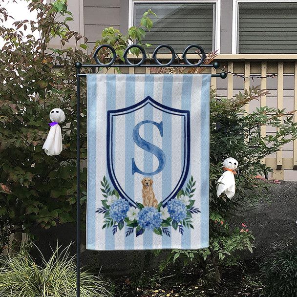 Custom Pet Portrait Garden Flag: Monogram Initial, Hydrangea Shield