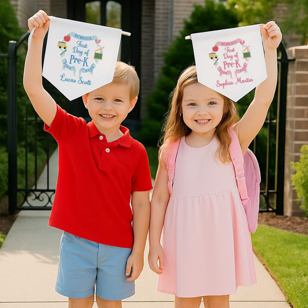 Personalized First Day of School Pennant, Embroidered Canvas Flag