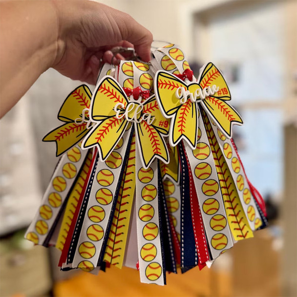 Softball Bow Bag Tag with Ribbon Tassel | Gym Bag Accessory | Personalized Acrylic Tag