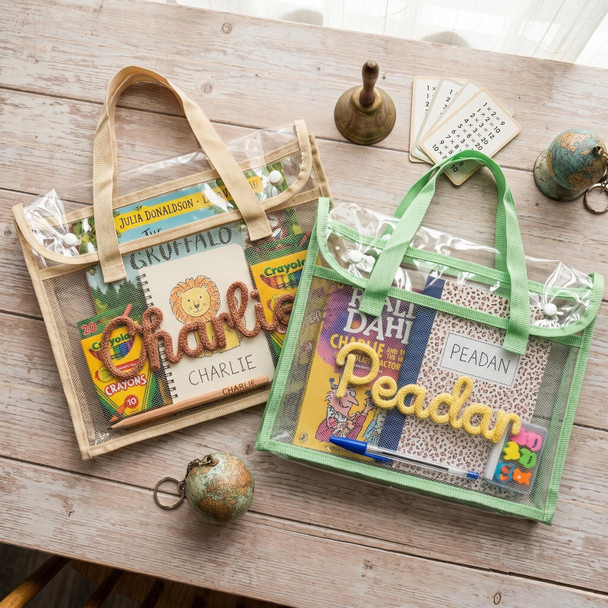 Personalised A4 Clear Handle Folder, Waterproof School Book Bag, Transparent Library Bag for Kids