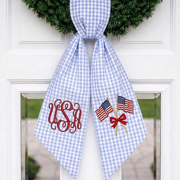Custom Monogram Patriotic Wreath Sash, USA Flag Bow