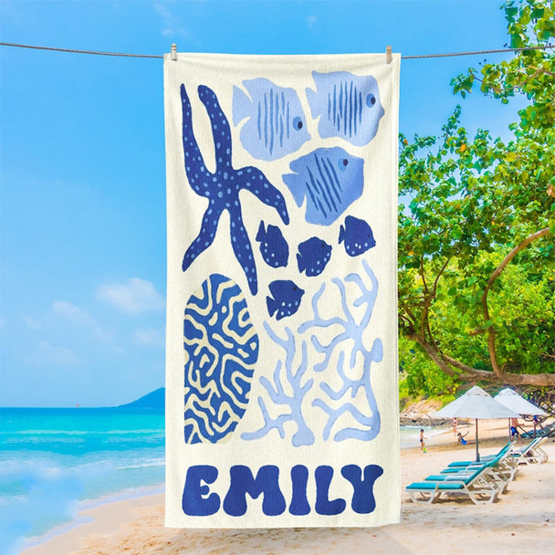 Personalized Retro Beach Towel, Marine Animal Beach Towel, Custom Name Towel