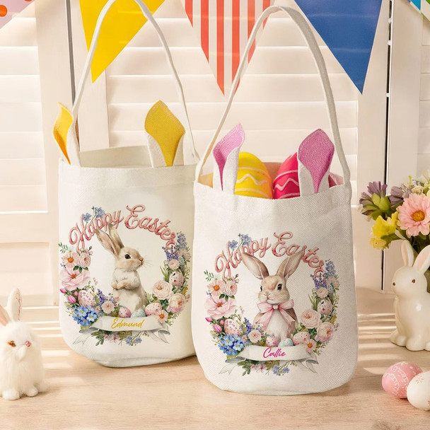 Personalized Wreath Cartoon Rabbit Easter Basket
